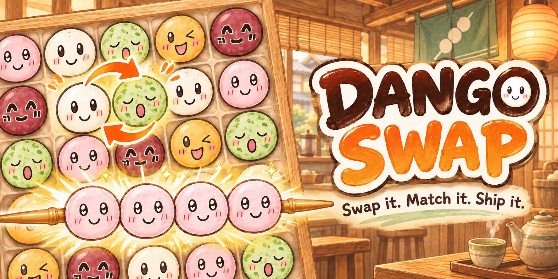 Dango Swap — swap dango and match four in a row to ship them
